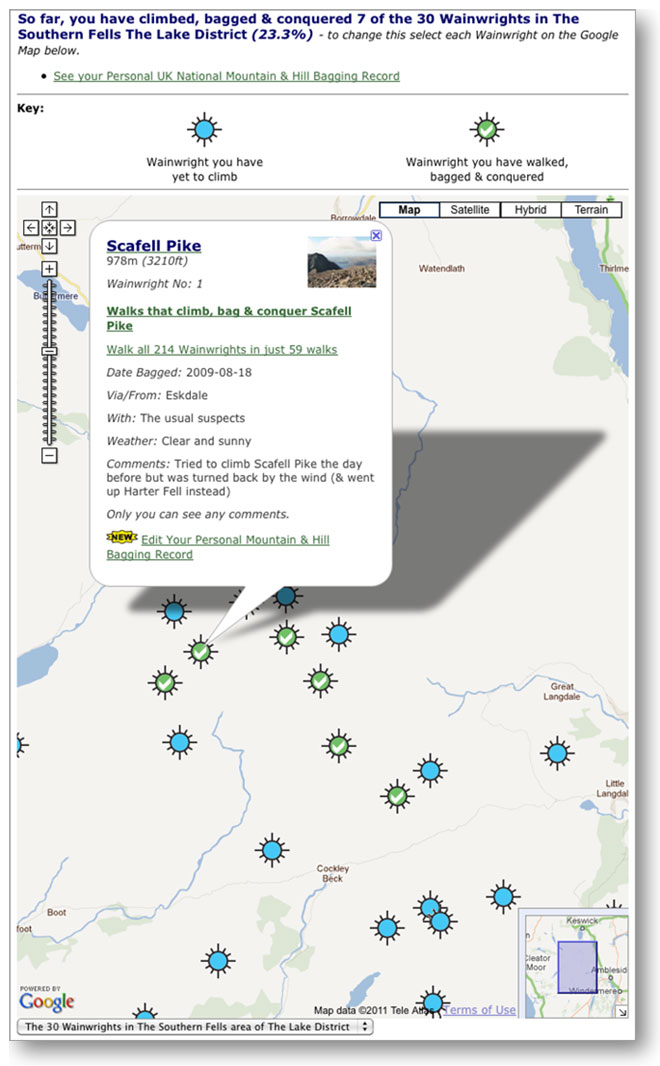 A list of The Wainwrights in The Southern Fells on an interactive map