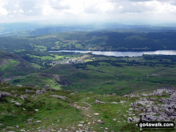 Walk c179 The Seathwaite Round from Seathwaite, Duddon Valley - Coniston Village and Lake Coniston from The Old Man of Coniston