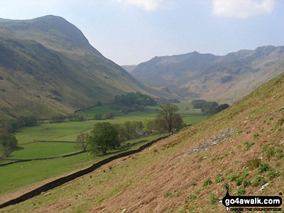 Walk c220 Helvellyn via Striding Edge from Glenridding - St Sunday Crag (left) and Grisedale from Brownend Plantation