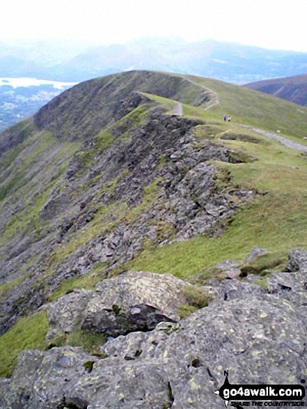 Walk c170 Blencathra or Saddleback via Hall's Fell Ridge from Threlkeld - Gategill Fell Top with Knowe Crags beyond from Hallsfell Top, Blencathra or Saddleback