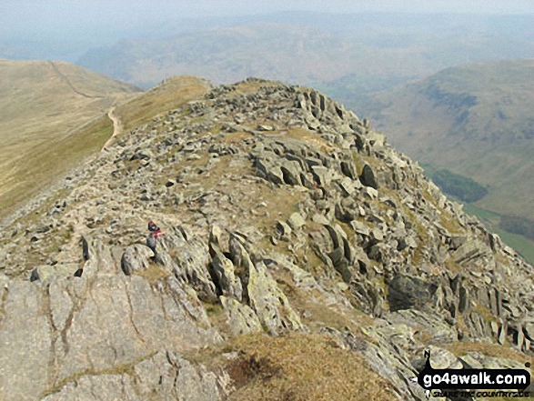 Walk c220 Helvellyn via Striding Edge from Glenridding - On Striding Edge - looking back to Birkhouse Moor