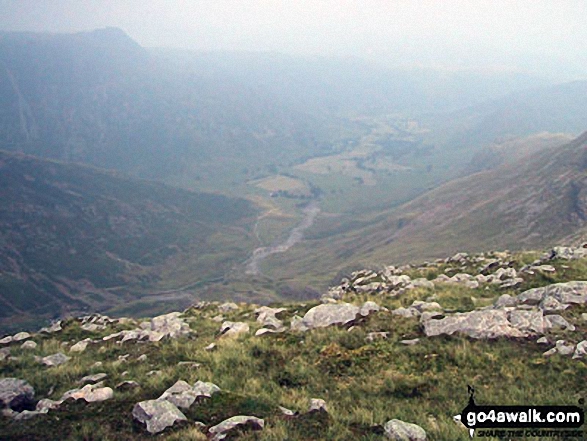 Walk c414 Crinkle Crags and Bow Fell (Bowfell) from The Old Dungeon Ghyll, Great Langdale - The Langdale Pikes (top left), The Band (middle left) and Great Langdale from the summit of Great Knott