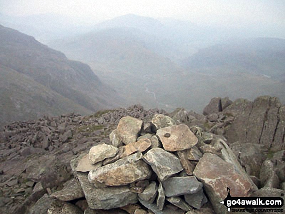 Walk c425 The Oxendale Fells from The Old Dungeon Ghyll, Great Langdale - Harter Fell (Eskdale) (back), Hard Knott and The Lingcove Valley from Bow Fell (Bowfell) summit cairn