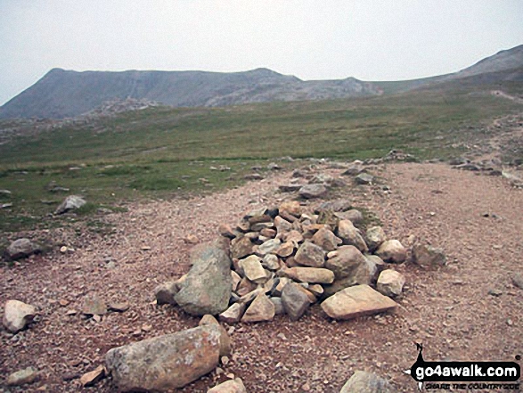 Walk c370 Scafell Pike from Seathwaite - Scafell Pike (far left), Ill Crag and the shoulder of Great End (far right) from Esk Hause