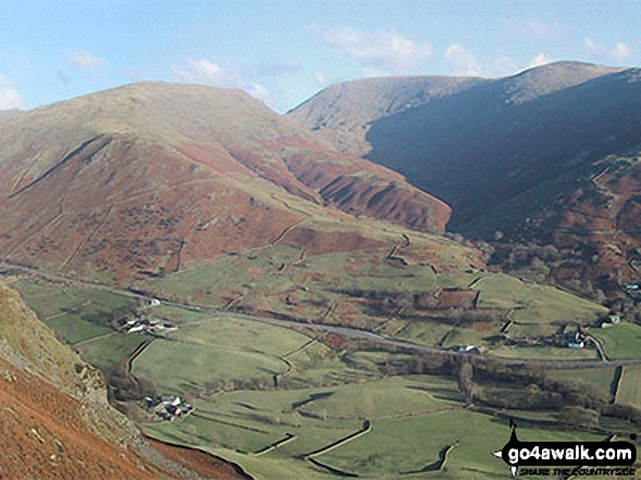 Walk c302 High Raise via Calf Crag from Grasmere - Seat Sandal (left) Grisedale Hause, Fairfield (centre) and Great Rigg above The Pass of Dunmail Raise from the top of High Raven Crag