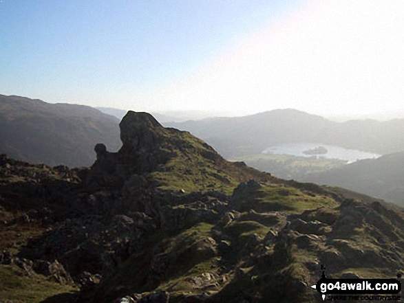 Walk c294 Steel Fell from Grasmere - The Howitzer and the Lion and the Lamb on the summit of Helm Crag with Loughrigg and Grasmere in the background