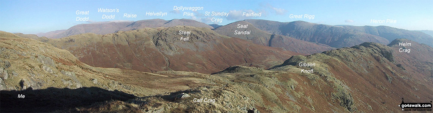 The Helevllyn Ridge featuring: Great Dodd, Watson's Dodd, Stybarrow Dodd, Raise (Helvellyn), White Side, Helvellyn, Nethermost Pike, Dollywaggon Pike, St Sunday Crag, Fairfield, Great Rigg and Heron Pike with Steel Fell (mid distance) and Calf Crag, Gibson Knott and Helm Crag  (foreground) from Brownrigg Moss