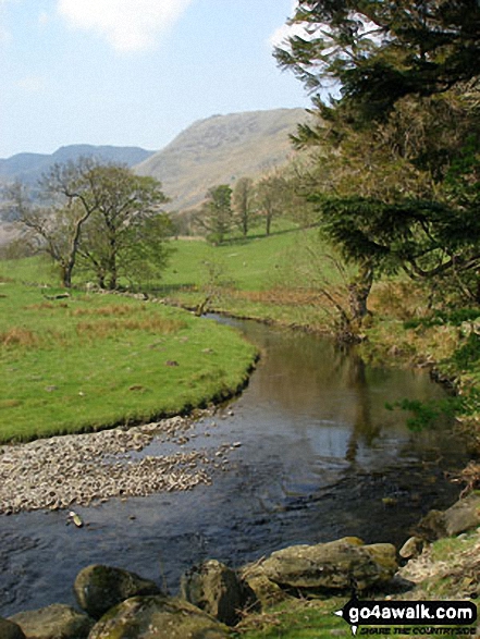 Walk c220 Helvellyn via Striding Edge from Glenridding - Grisedale Beck with Helvellyn and Birkhouse Moor beyond