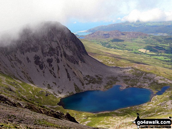 Walk gw152 Cadair Idris (Penygadair), Mynydd Moel, Cyfrwy and Gau Craig via The Pony Path - Cyfrwy and Llyn y Cadair from the summit of Cadair Idris