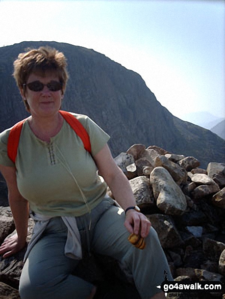 Walk c120 The Ennerdale Horseshoe - My wife Pamela on the top of Green Gable with Great Gable behind