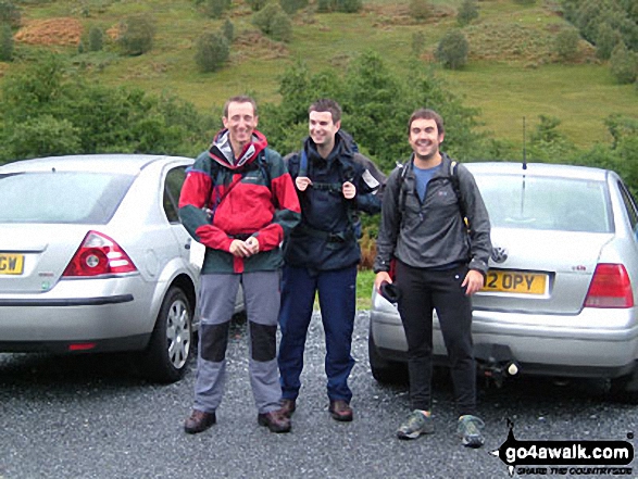 Walk h100 Ben Nevis via The Tourist Path from Achintee, Fort William - Pete, George and myself Andy Brown at the bottom of Ben Nevis ready to start the Three Peaks Challenge