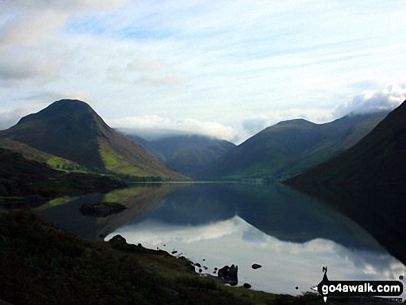 Yewbarrow (left), Great Gable (centre in cloud), Lingmell and the shoulder or Scafell Pike (right) from across Wast Water 