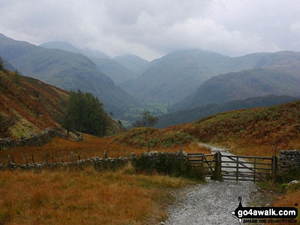 Walk c203 Ashness Bridge, Surprise View, Watendlath, Rosthwaite and The River Derwent from Barrow Bay - Upper Borrowdale and beyond from the junction of paths by Puddingstone Bank between Great Crag and Grange Fell (Brund Fell)