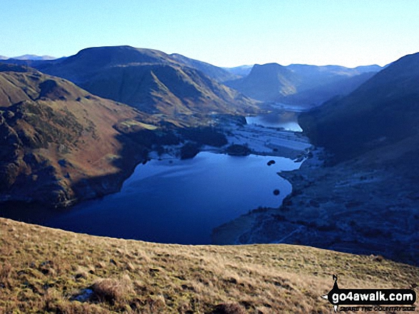 Crummock Water and Buttermere with Grasmoor (far left), Robinson, Hindscarth and Dale Head (left), Fleetwith Pike (centre) and Red Pike (Buttermere) (far right) from Mellbreak