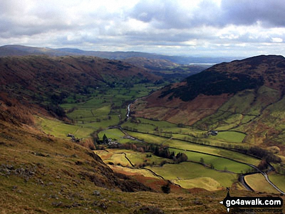 Walk c225 The Langdale Pikes via Jack's Rake from The New Dungeon Ghyll, Great Langdale - Great Langdale from below Loft Crag