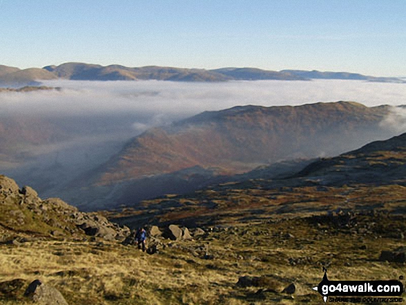 Above the mist on Pike of Blisco (Pike o' Blisco) looking down the Langdales with Side Pike and Lingmore Fell in the middle distance