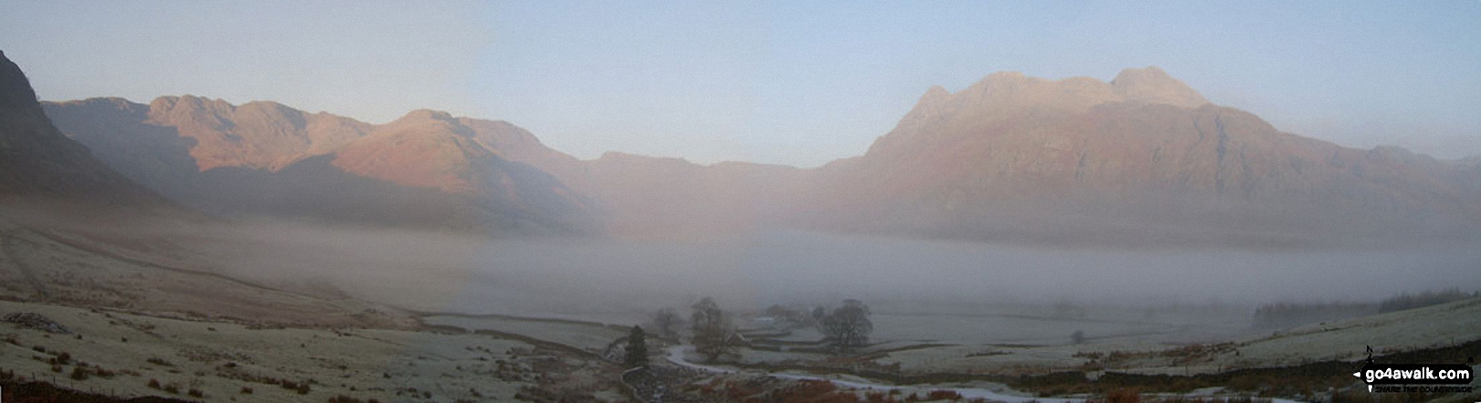 Walk c416 Scafell Pike from The Old Dungeon Ghyll, Great Langdale - *Cinkle Crags, Bow Fell (Bowfell) and the Langdale Pikes from Great Langdale in the early morning