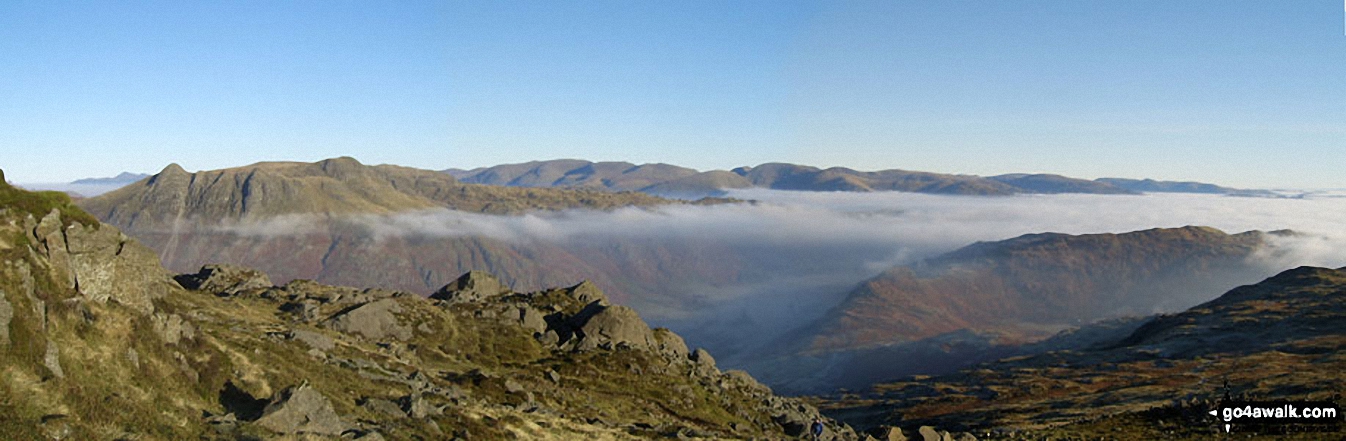 Walk c425 The Oxendale Fells from The Old Dungeon Ghyll, Great Langdale - *The Langdale Pikes (left), Great Langdale (centre) and Side Pike and Lingmoor Fell (right) from Pike of Blisco (Pike o' Blisco)