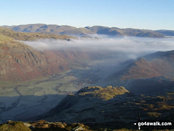 Walk c258 Pike of Blisco (Pike o' Blisco) from The Old Dungeon Ghyll, Great Langdale - The Langdale Pikes (left) and Great Langdale from Pike of Blisco (Pike o' Blisco)