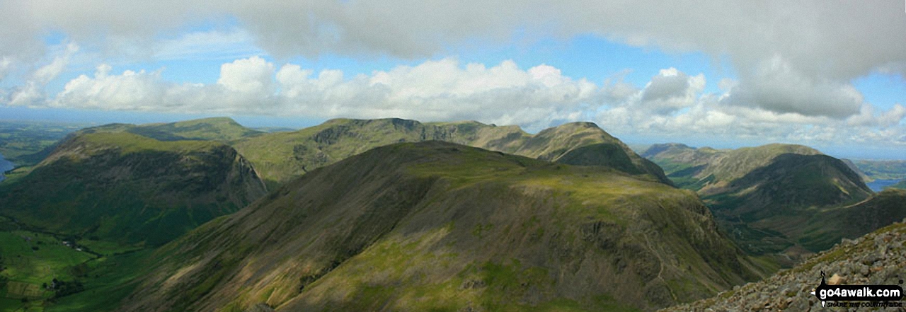 Walk c338 Great Gable and Kirk Fell from Honister Hause - Westmorland Cairn, Great Gable panorama featuring Kirk Fell (foreground centre), Wast Water, Wasdale and Yewbarrow with Middle Fell and Seatallan beyond (left), Red Pike (Wasdale), Little Scoat Fell and Pillar behind Kirk Fell (centre) and Ennerdale with Red Pike (Buttermere), High Stile, High Crag and Crummock Water (right)