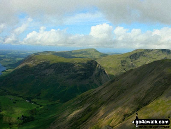 Walk c120 The Ennerdale Horseshoe - Wast Water, Wasdale and Yewbarrow with Middle Fell (left) Seatallan (background centre), Red Pike (Wasdale) (right) and the shoulder of Kirk Fell (centre foreground) from Westmorland Cairn on Great Gable