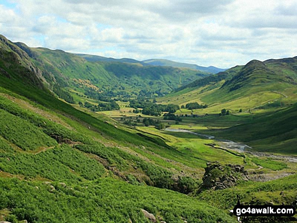 Walk c194 Scafell Pike from The Old Dungeon Ghyll, Great Langdale - Great Langdale with Blea Rigg, Lang How and Silver How (left) and Lingmoor Fell (right) from the foot of Oxendale