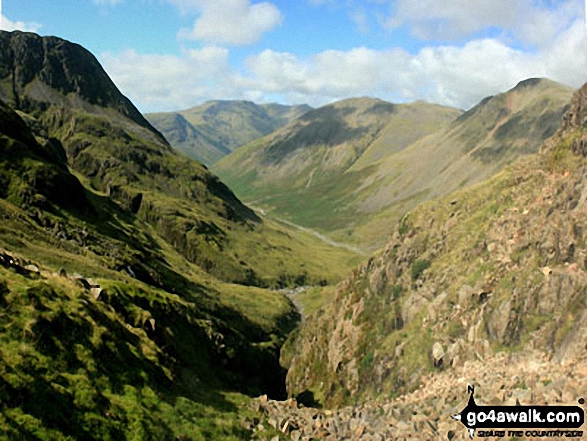 Looking down Greta Gill to Wasdale from Great End with Red Pike (Wasdale), Little Scoat Fell, Kirk Fell and Great Gable beyond