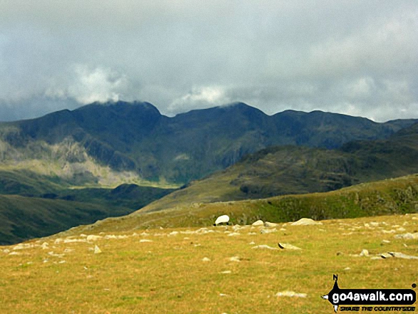 Walk c420 The Coniston Fells from Walna Scar Road, Coniston - The Scafell Massif featuring Scafell Pike (centre) and Sca Fell (centre left) from Swirl Band between Swirl How and Levers Hawse