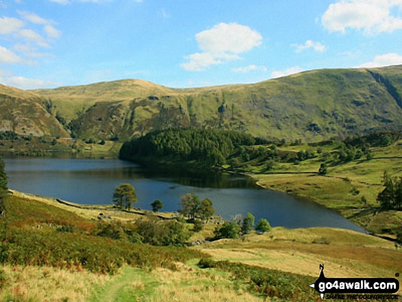 Walk c276 High Street and Harter Fell from Mardale Head - Overlooking the ruins of Riggindale Farm with Haweswater Reservoir beyond from the lower slopes of Rough Crag (Riggindale)