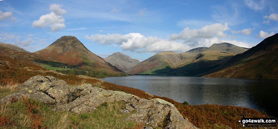 Walk c111 Scafell Pike from Wasdale Head, Wast Water - Britain's Favourite View - Yewbarrow, Great Gable, Lingmell, Great End, Sca Fell and the shoulder of Illgill Head (far right) from Wast Water