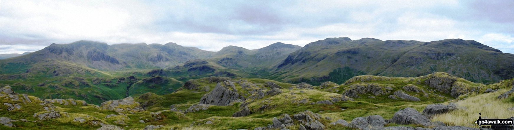 Walk c402 Harter Fell and Hard Knott from The Woolpack Inn, Eskdale - *Northernly Panorama from the summit of Hard Knott featuring Sca Fell, Scafell Pike, Esk Pike, Bow Fell (Bowfell), Gunson Knott, Crinkle Crags (Long Top) and Crinkle Crags (South Top)