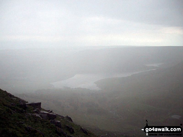 Walk gm134 Stable Stones Brow (Hoarstone Edge) and Alphin Pike from Dove Stone Reservoir, Greenfield - Dovestone Reservoir appearing through the mist from Stable Stones Brow (Hoarstone Edge)