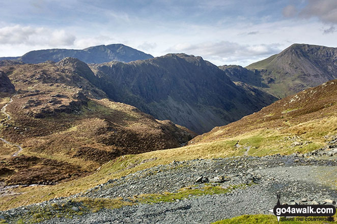 Walk c295 Hay Stacks and Fleetwith Pike from Gatesgarth, Buttermere - Looking stead (Pillar) & Pillar behind Green Crag (Buttermere) & Hay Stacks (Haystacks) with High Crag (Buttermere) (right) from near Dubs Quarry