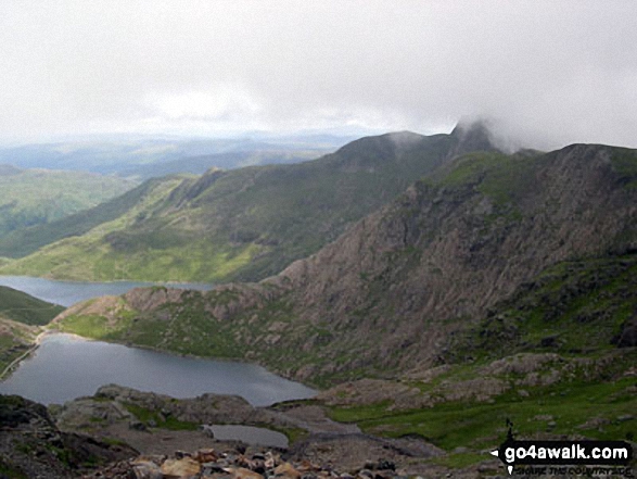 Walk gw154 Llyn Llydaw and Glaslyn via the PYG Track and Miners' Track from Pen y Pass - Glaslyn, Llyn Llydaw and Y Lliwedd from the Miners' Track near the summit of Snowdon (Yr Wyddfa)