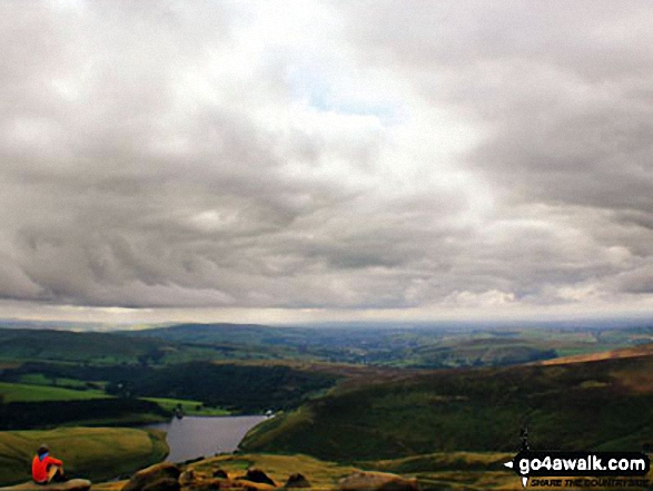 Walk d186 Kinder Scout and Kinder Downfall from Bowden Bridge, Hayfield - My friend Wiktor on the top of Kinder Scout with Hayfield Reservoir shimmering below