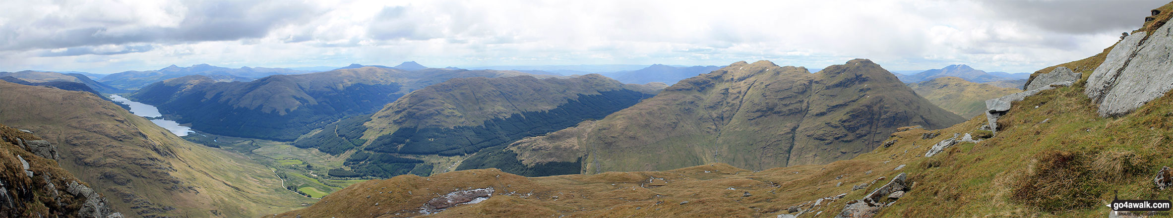 Panorama featuring Loch Voil, Loch Doine, Stob Fear-tomhais (Ceann na Baintighearna), Stob Breac and Stob a' Choin from Beinn Tulaichean