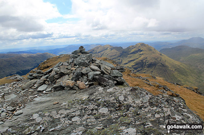 Beinn Tulaichean summit cairn with Stob a' Choin in the background