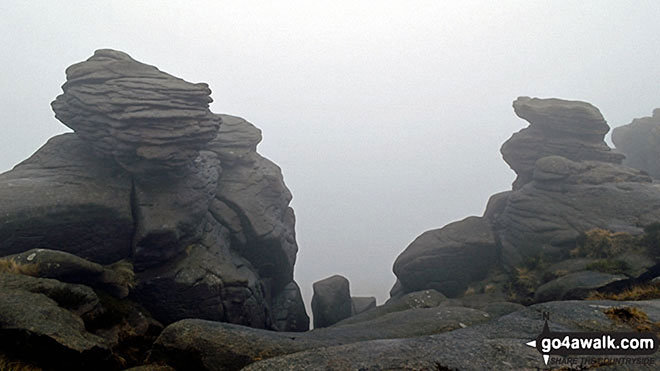 Walk d135 Kinder Downfall from Birchin Clough - More rock formations on a misty Kinder Scout