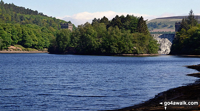 Walk d277 Margery Hill from Fairholmes Car Park, Ladybower Reservoir - Island Plantation in the middle of Derwent Reservoir with water cascading over Howden Reservoir Dam beyond