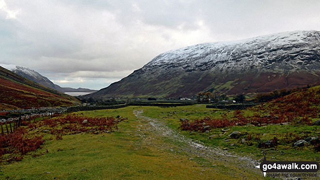 Walk c172 Scafell Pike via The Corridor Route from Wasdale Head, Wast Water - The shoulder of Lingmell and snow on Illgill Head (far left), Wasdale and Wast Water (left) and Yewbarrow (right) from Gable Beck Bridge