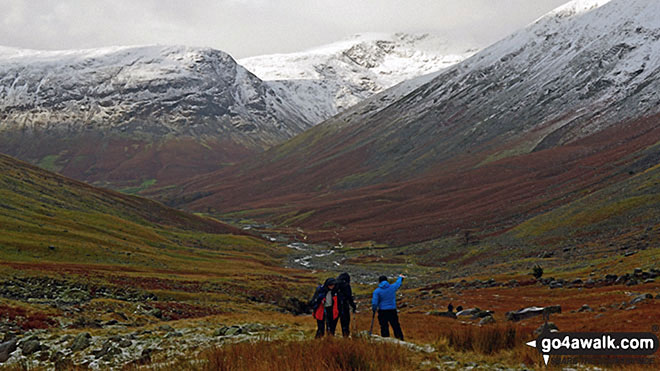 Snow on Yewbarrow (North Top) left, Red Pike (centre right) and the shoulder or Kirk Fell (right) tower above Wasdale from near Sty Head 