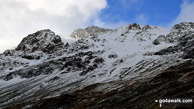 Walk c172 Scafell Pike via The Corridor Route from Wasdale Head, Wast Water - Looking up to a snowy Great Gable from Sty Head