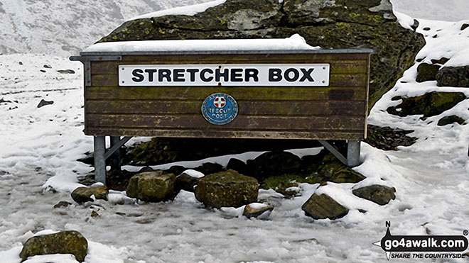 Walk c172 Scafell Pike via The Corridor Route from Wasdale Head, Wast Water - The Stretcher Box at Sty Head in the snow