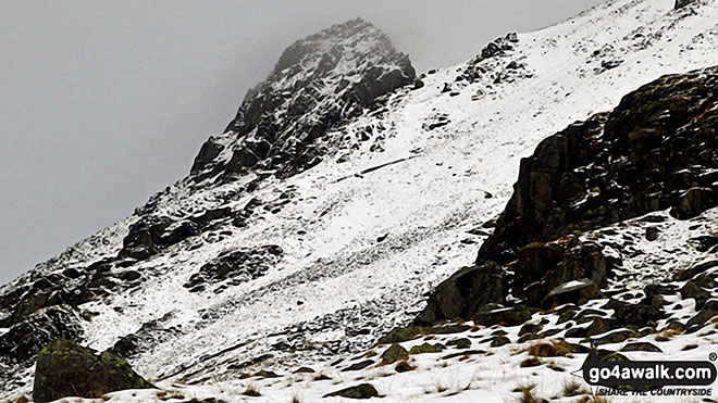 Walk c172 Scafell Pike via The Corridor Route from Wasdale Head, Wast Water - Snow on Great Napes from Sty Head