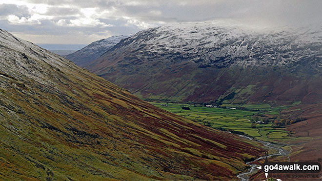 Walk c172 Scafell Pike via The Corridor Route from Wasdale Head, Wast Water - A dusting of snow on the shoulder of Lingmell (left), Middle Fell (centre left in the distance) and Yewbarrow above Wasdale from Sty Head