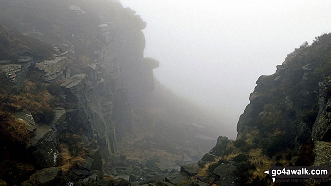 Walk d135 Kinder Downfall from Birchin Clough - Into the abyss on a misty Kinder Scout