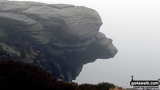 Walk d240 Kinder Downfall and Kinder Scout from Edale - Sculptured rocks on a misty Kinder Scout