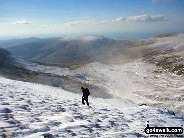 Walk gw123 Cadair Idris (Penygadair) Cyfrwy and Craig Cwm Amarch from Llanfihangel-y-pennant - Kevin walking in spindrift on Mynydd Pencoed