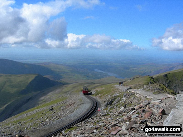 Walk gw136 The Snowdon (Yr Wyddfa) Horseshoe from Pen y Pass - Llyn Peris, Llanberis and the Snowdon Mountain Railway from Snowdon (Yr Wyddfa)