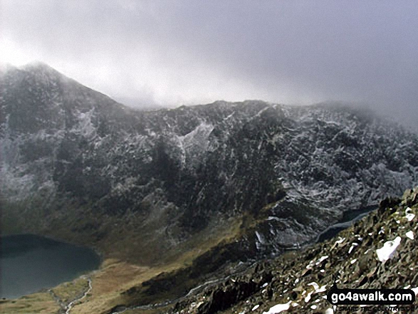 Walk gw136 The Snowdon (Yr Wyddfa) Horseshoe from Pen y Pass - Glaslyn (bottom left) and Snowdon (Yr Wyddfa) from Crib Goch in the snow